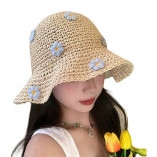 (Beige) Stylish Foldable Wide Brimmed Straw Hat For Women Summer Beach Vacation Sun Protection Floral Decor Breathable Design  Khaki