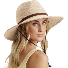 Womens Summer Straw Sun Hat Wide Brim Bucket Hats Fedora Hat Panama Beach Hat with Chin Strap UPF 50+