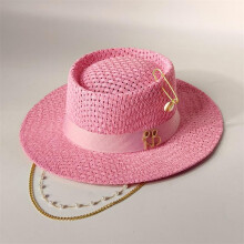 (12, 56-58cm) 2026 New Korean Flat Top Straw Hat with Pearl Chain Elastic Band DIY Sun Hat Beach Hat Candy Color