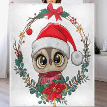 50x60" Cute Owl Santa Hat Throw Blanket - Soft Flannel Fleece, Lightweight & Warm, for Couch, Bed, Chair – Christmas Wreath Cartoon Design