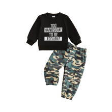 (5-6 Years, Black) Little Boy Fall Outfits Letter Print Long Sleeve Sweatshirt and Camouflage Pants 2 Piece Set
