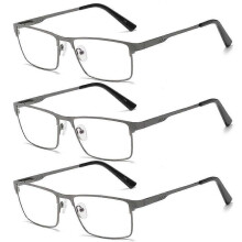 3 Pairs of Mens Classic HD Rectangle Reading Glasses +5.0, Metal Gunmetal Spring Hinges Classic Readers 5.0