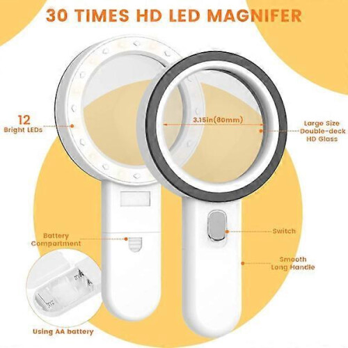 Illuminated Reading Magnifier, 30X Magnifying Glass with 12 LED Lights 1