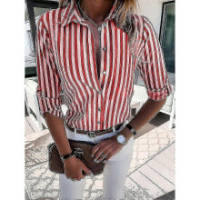 (3XL, Red) Women Striped Print Blouse Tops Striped Classic Long Sleeve ShirtsZZ31