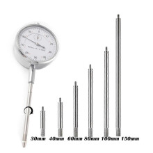 Set van 6 verlengstangen voor meetklokken, M2.5 schroefdraad, lengtes 30-150 mm, compatibel met wijzerplaat- en cijfermeetklokken.