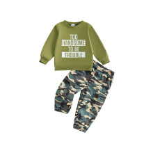 (2-3 Years, Army Green) Little Boy Fall Outfits Letter Print Long Sleeve Sweatshirt and Camouflage Pants 2 Piece Set