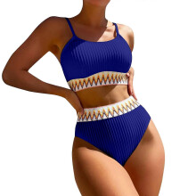 Women's High Waist Bikini Set, V-Neck & Color Block Retro Swimsuit, Tummy Control, Stylish for Pool/Beach – Royal Blue XL