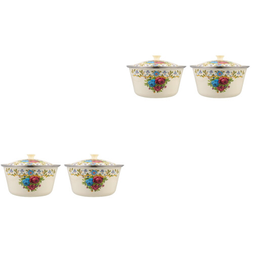 2Pcs Cream Enamel Lard Basin with Lid Kitchen Storage Design