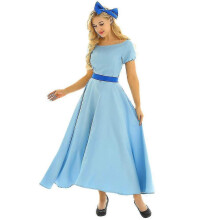 Halloween Wendy Cosplay Costume Women Short Puff Sleeves Princess Fancy Dress Up Carnival Party Maxi Dress with Headwear-e