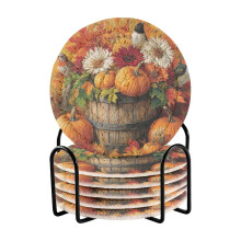 6-Pcs Absorbent Minimalist Drink Coasters with Holder, Round Woven Table Desk Protectors – Pumpkins/Birds/Flowers Design
