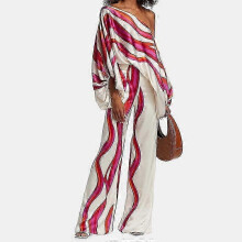 (L, rose red) Women's Pant Suit Temperament Loose Bat Sleeve Top Wide Leg Trousers Fashion Set Casual Suit