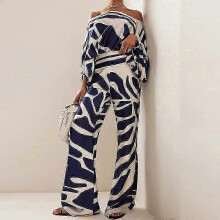 (2XL, blue) Women's Pant Suit Temperament Loose Bat Sleeve Top Wide Leg Trousers Fashion Set Casual Suit