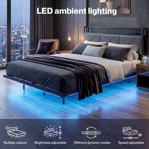 Levede Floating Bed Frame Double LED Lights Upholstered USB Storage Headboard 2