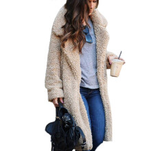 Women's Faux Fur Teddy Bear Long Coat - Plain Lapel Overcoat