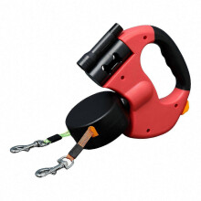 (Red) Double Retractable Leash with 16ft Extension for Two Small Pets Up to 5kg Includes Waste Bag Holder and LED Light