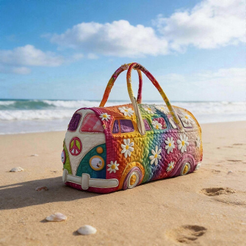 (M) Foldable Weekender Bag with Hippie Design, Reinforced ing, Spacious Interior for Gym Essentials, Multicolor