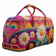 (D) Foldable Weekender Bag with Hippie Design, Reinforced ing, Spacious Interior for Gym Essentials, Multicolor