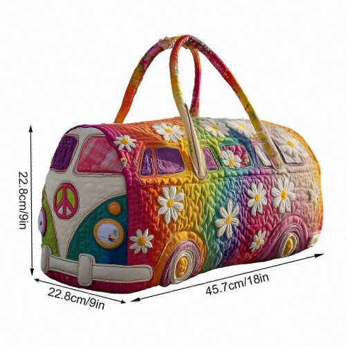 (P) Foldable Weekender Bag with Hippie Design, Reinforced ing, Spacious Interior for Gym Essentials, Multicolor
