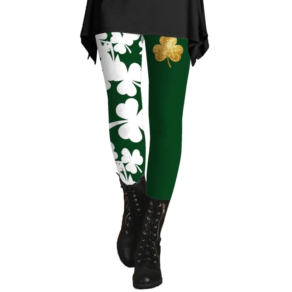 Womens Patricks Day Shamrock Leggings High  Tights Yoga-White L