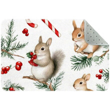 Small Washable Kitchen Rug, Christmas Squirrel/Fir/Candy Cane Design, Non-Slip Indoor Door Mat for Entryway, Bathroom, Bedroom – Compatible with