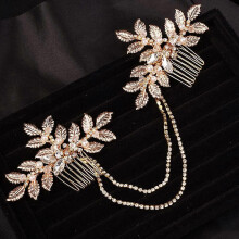 Dainty Bridal Gold Leaf Hair Comb Headband Handmade Crystals Pearl Hair