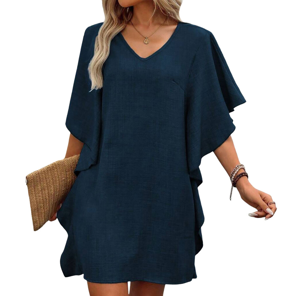 Blue V-Neck Sleeve For Women Ightweight Linen Tops-Navy Xxl
