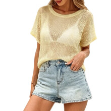 Blouse smockée extensible à col rond en tricot-jaune clair