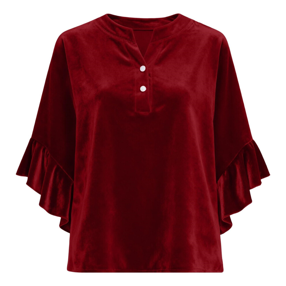 Burgundy Women's Top, Elegant V-Neck Long-Sleeved- Xxl