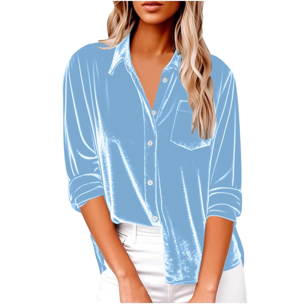 Sky Blue Women's Elegant Lapel Neck Shirt Long Sleeve Button- L