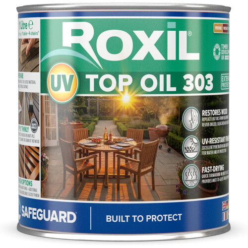 Roxil UV Top Oil 303 (1l, Clear Matt-to-Gloss Finish) | UV Resistant Outdoor Wood Oil for Furniture, Decking, Sheds & Planters