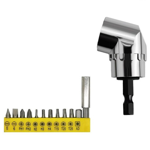 105 Degree Right Angle Drill Adapter and 12pcs Bend Screwdriver Bit 1/4In Hex Shank Driver Angle Drill Attachment Short