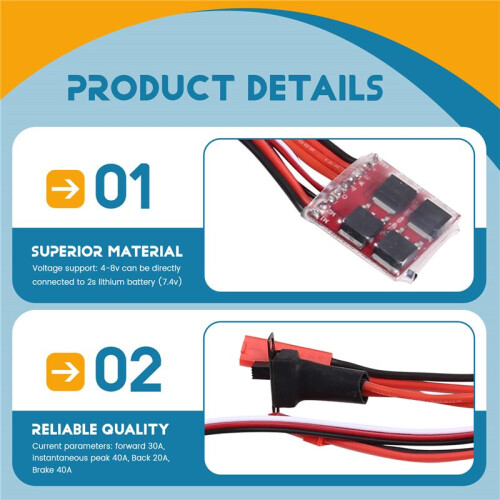 30A 4-8V  Brushed Electric Speed Controller ESC Brush Electronic Motor Speed Controller with JST Wire for RC Car 2