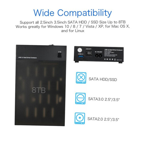 Gabinete USB 3.0  HDD de 2,5 Polegadas e 3,5 Polegadas para SSD HDD Portátil com Suporte para UASP OTB One Touch Backup e Plugue para o Reino 1