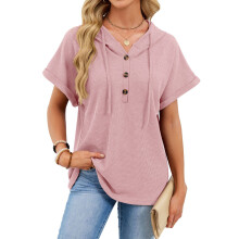 Damen-Strick-T-Shirt, kurzärmeliges Kapuzen-Sweatshirt,-Rosa XL