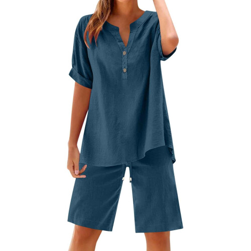 Women's linen two-piece set: button-down short-sleeved-Blue L