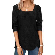 Women's lightweight long-sleeved square neck-Black XL