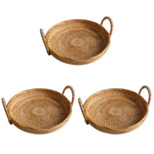 3St Rond Rotan Dienblad Khaki Voor Koffietafel En Buitengebruik