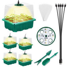 Saatgut-Starterschale mit Wachstumslicht 8 LEDs, 5 Packungen Setzling-Starterschale mit Feuchtigkeitskuppel (60 Zellen), GrüN
