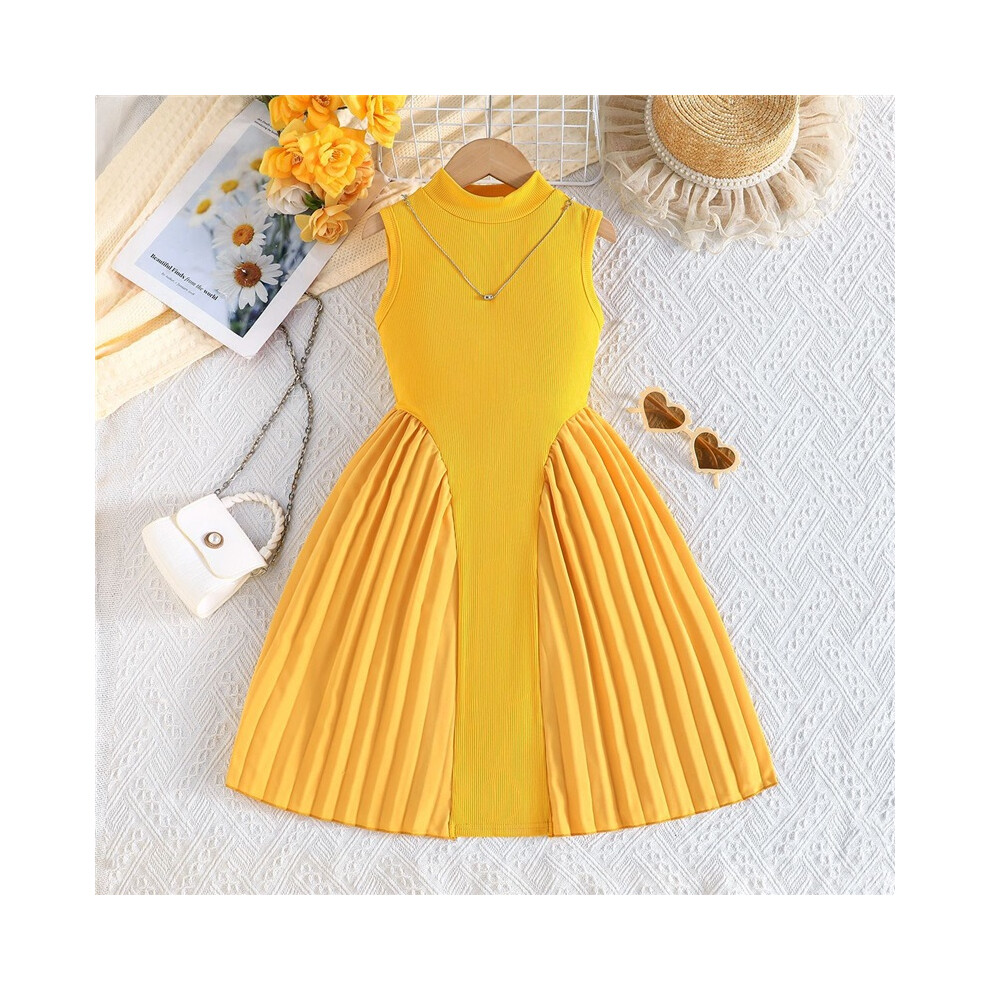 Photos - Fancy Dress  Girls' Summer Beautiful Pleated Patchwork Waist Sleeveless Dress + Necklace(56732D, 2-3Y)