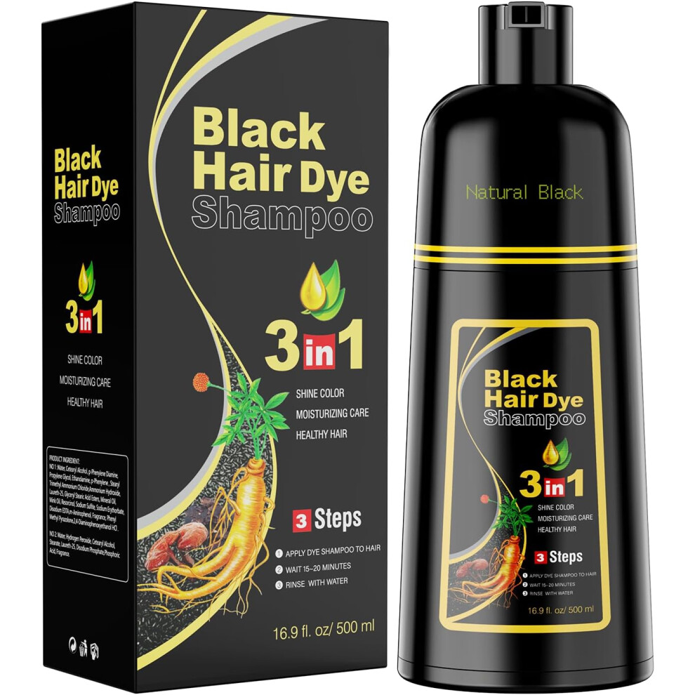 Gogerstar Black,Grey (Natural Black) Black Hair Dye Shampoo 3 In 1, Herbal Dye Shampoo For Grey Hair Coverage Hair Color For Women Men, 500Ml