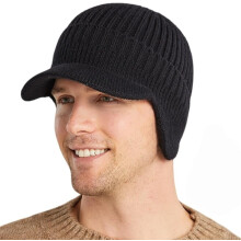 (Black, 7 1/8-7 3/4) Winter warme Strickmütze mit Fleece-Futter, Ohrklappen & Schirm für Herren