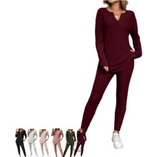 (Burgundy, XX-Large) Conjunto Feminino de 2 Peças, Top e Legging de Malha Felpuda Casual