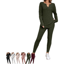 (Green, Large) Conjunto Feminino de 2 Peças, Top e Legging de Malha Felpuda Casual