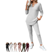 (Grey, X-Large) Conjunto Feminino de 2 Peças, Top e Legging de Malha Felpuda Casual