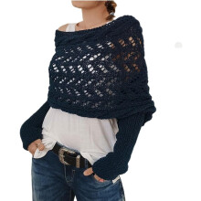 (Navy, One Size) Damen gestrickter Cut-Out Schulterponcho, Pullover Schal mit Ärmeln Wickel