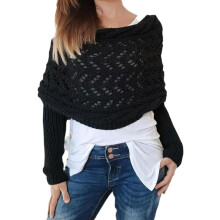(Black, One Size) Damen gestrickter Cut-Out Schulterponcho, Pullover Schal mit Ärmeln Wickel