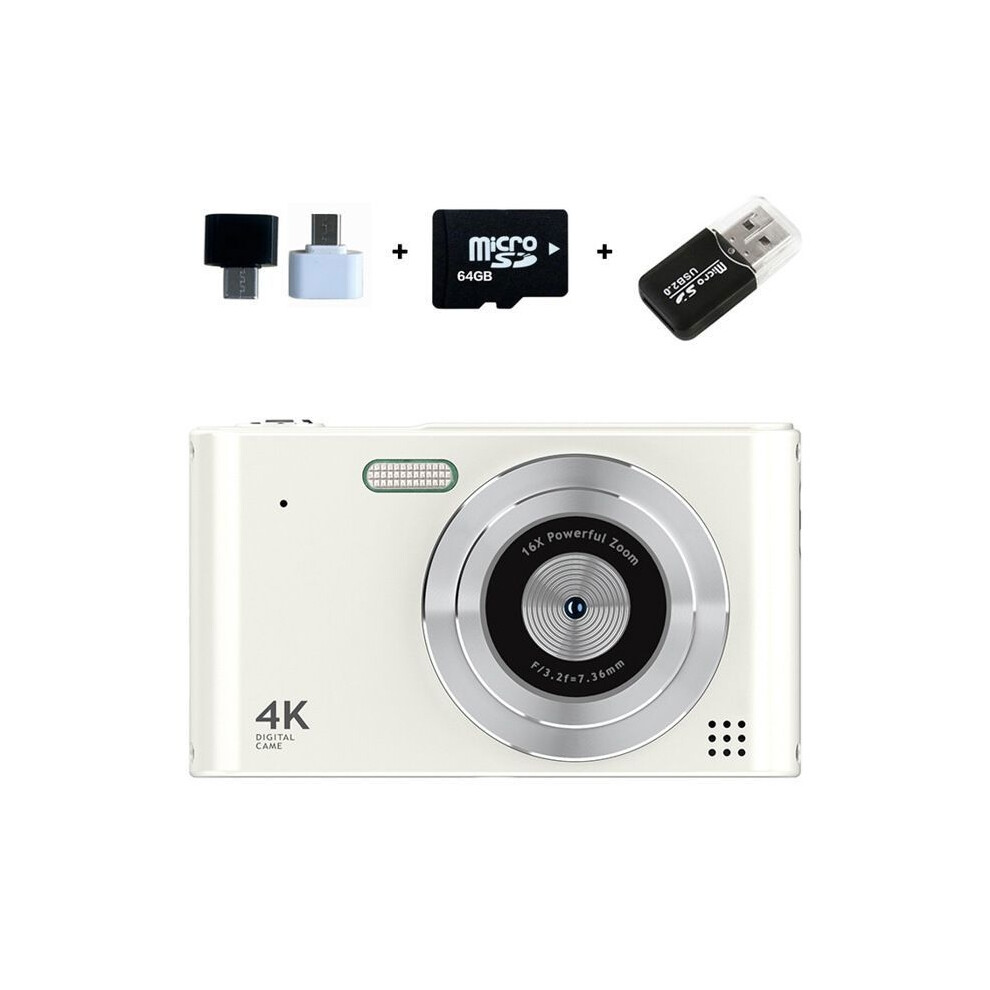 64Gb Ccd Digital Camera For Kids And Students With 16X Zoom, 2.4-Inch Screen, 4K Resolution Digital Camera, White 9149891802391