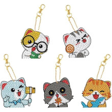 Ensemble de 5 porte-clés 5D à faire soi-même - Motif chat de dessin animé - Peinture strass - Art - Décoration artistique - Broderie