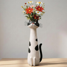 (Black and White, -) Handgefertigte skurrile Katzenvase für Blumen, verspielter Kitty Pflanzer für Schreibtisch