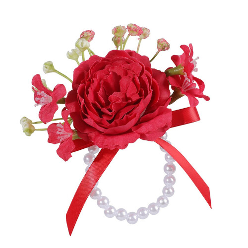 Fleur de poignet de mariée romantique avec perles-B rouge